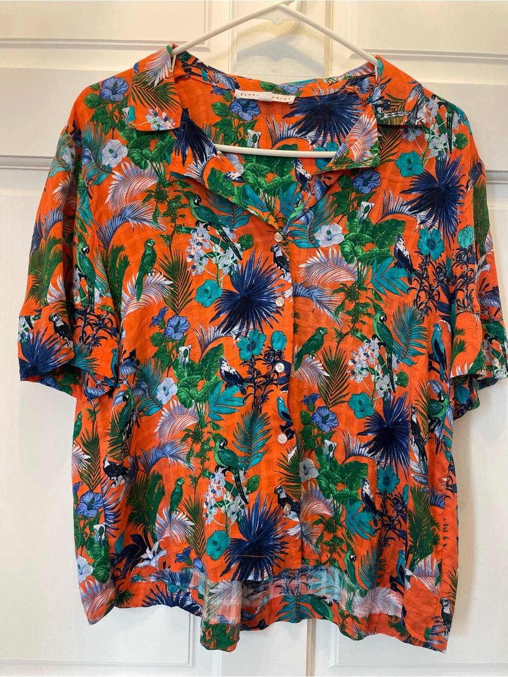 Jane and Delancey Orange Tropical Print Button-Down Shirt Soft Linen Top Sz Med